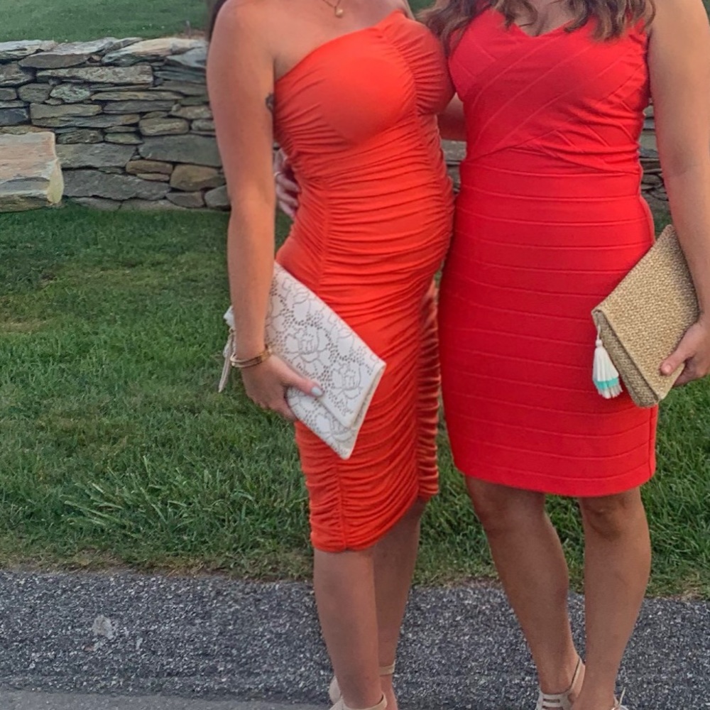 Orange scrunchy midi dress